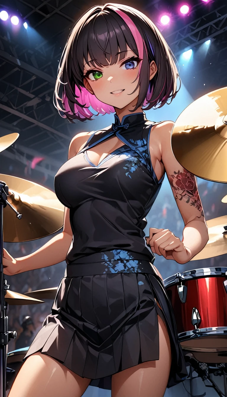 (highest quality:1.2, Very detailed, up to date, Vibrant, Ultra-high resolution, High Contrast, masterpiece:1.2, highest quality, Best aesthetics), Portraiture、girl、slim, , heterrochromia, green eye, red eye, Passionate performance、stage、performance、Rock Music、Bright colors、Beautiful fine details、Beautiful lip detail、extra short hair, ((bob cut:1.5))、pink and purple ((streaked hair:1.9)), (highlights hair: 1.6), middium breast, (tan skin:1), ((playing on the drum set. The drum set includes a bass drum, snare drum, toms, floor toms, hi-hat, crash cymbals, ride cymbals, and a china cymbal)), ((holding drum stick on both hands:1)), Music band、(powerful pose:1)、Concert Light、Edgy Style、colorful Cheongsam, (no sleeve:1)、Dynamic Movement、hypnotic sounds、Stadium、amplifier、Loud music、,Sparkling stage、Concert atmosphere、Music Festival、Full of emotion、Rock star attitude、Resolute expression、Avid Fan、The presence of an attractive stage、 Expressive gestures、Rock star aura、An exciting atmosphere、Sing with all your heart、An unforgettable show, (Floral Fineline tattoo design on right arm:1),