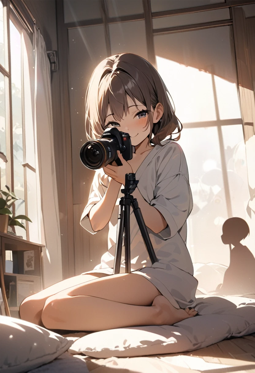 masterpiece,Highest quality,raw photo,DSLR,Japanese　beautiful girl,(10 year old) ,My Room,Bright rays of the sun,Stand in front of a window,silhouette,very thin legs,,flat chest,smile,Sitting on a fluffy cushion,Little girl's face,Little Girls Body,Childish,