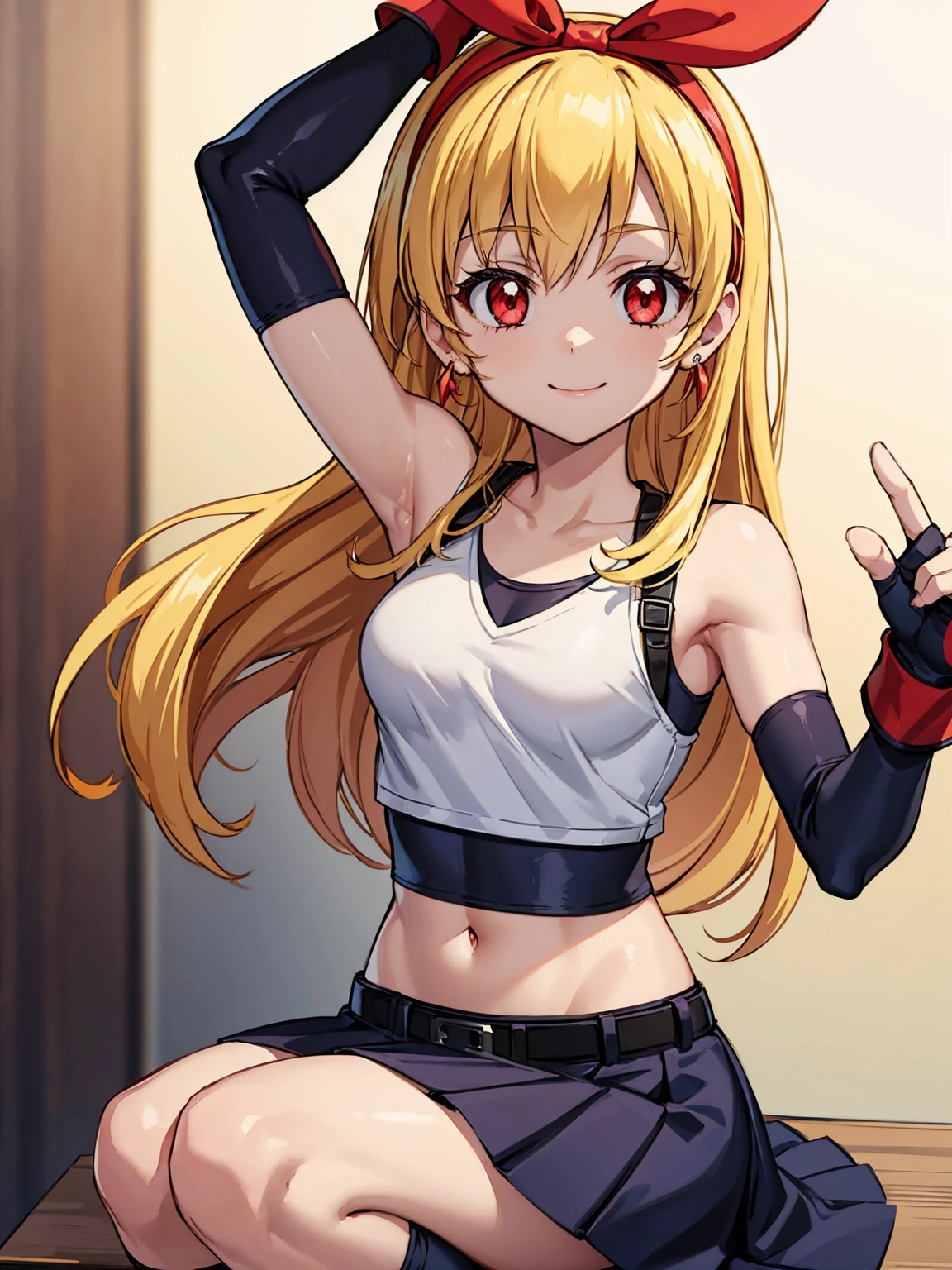 (RED Ribbon on HAIRband:1.2),a young anime character sitting and pointing her finger down towards the camera, 1girl, solo, long hair, Small breasts, cosplay, skirt, tifa lockhart, thighhighs, jewelry, armpits, navel, arms up, crop top, blonde hair, looking at viewer, black skirt, earrings, gloves, smile, underwear, panties, squatting, red eyes, fingerless gloves, midriff