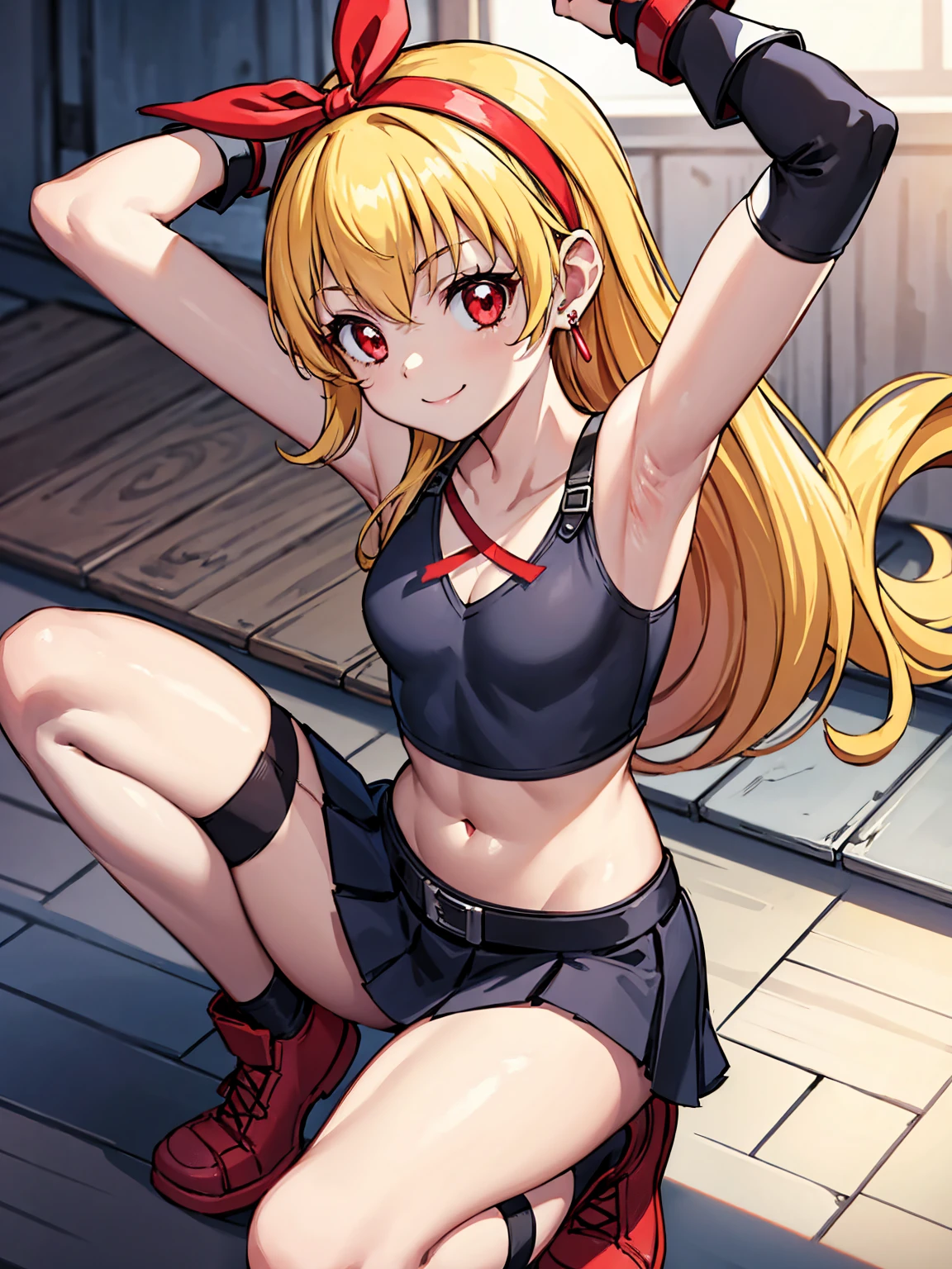 (RED Ribbon on HAIRband:1.2),a young anime character sitting and pointing her finger down towards the camera, 1girl, solo, long hair, Small breasts, cosplay, skirt, tifa lockhart, thighhighs, jewelry, armpits, navel, arms up, crop top, blonde hair, looking at viewer, black skirt, earrings, gloves, smile, underwear, panties, squatting, red eyes, fingerless gloves, midriff