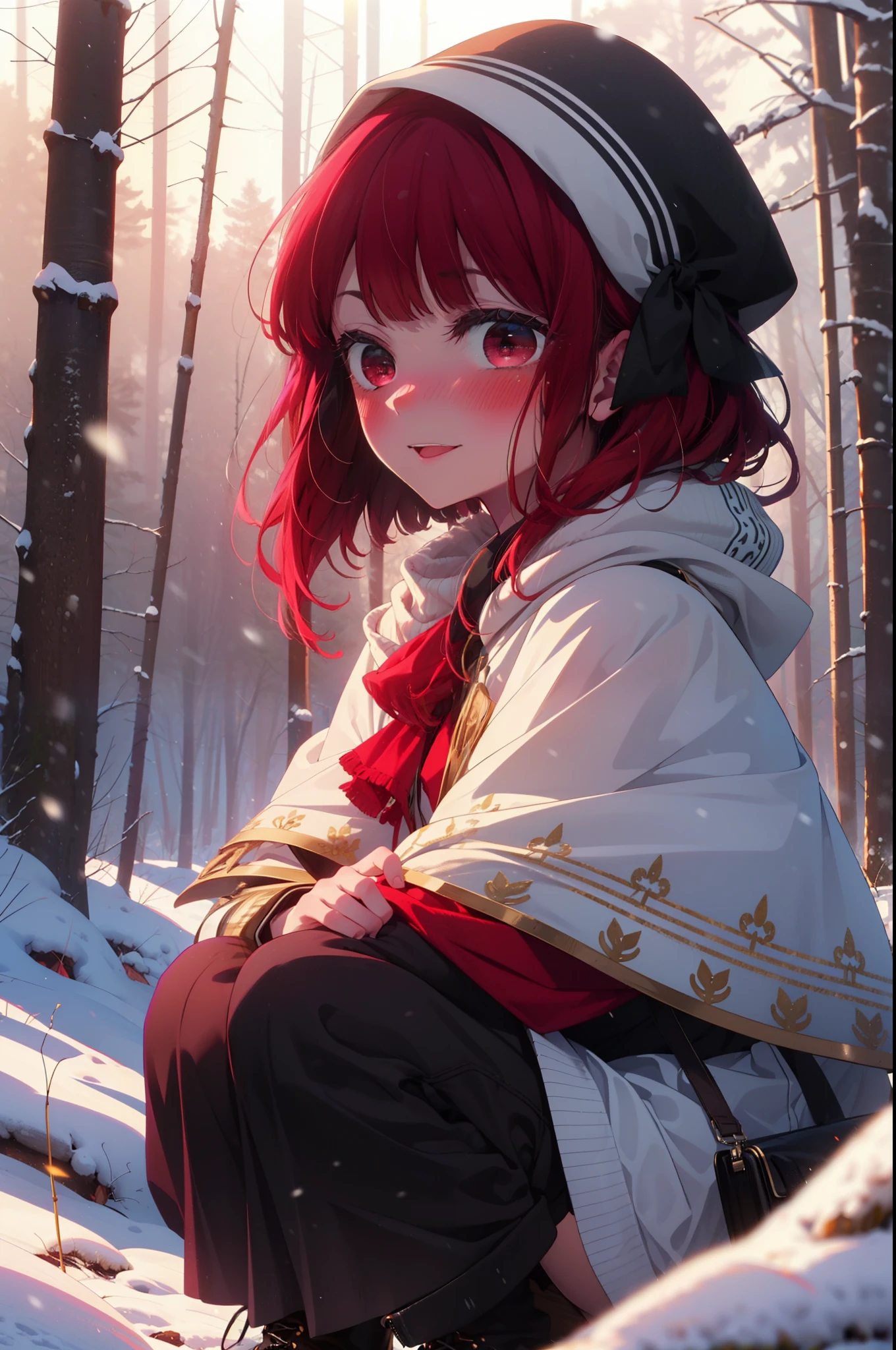 canary, Arima etc.., Long Hair,bangs, (Red eyes:1.3), Redhead, smile,Small breasts,ribbon,smile,blush,White Breath,
Open your mouth,snow,Ground bonfire, Outdoor, boots, snowing, From the side, wood, suitcase, Cape, Blurred, , forest, White handbag, nature, Squat, Mouth closed, Cape, winter, Written boundary depth, Black shoes, red Cape break looking at viewer, Upper Body, whole body, break Outdoor, forest, nature, break (masterpiece:1.2), Highest quality, High resolution, unity 8k wallpaper, (shape:0.8), (Beautiful and beautiful eyes:1.6), Highly detailed face, Perfect lighting, Extremely detailed CG, (Perfect hands, Perfect Anatomy),