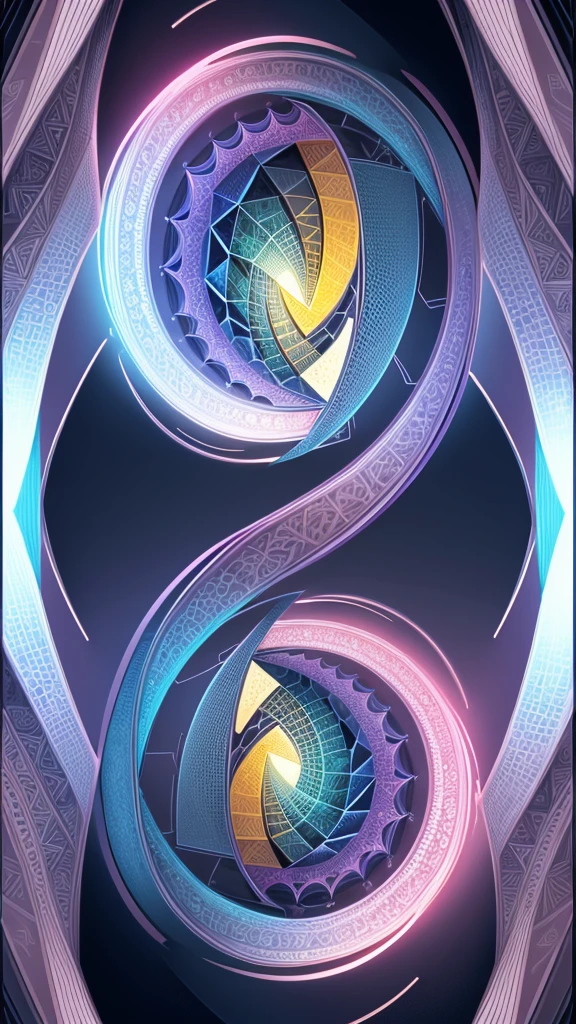 Create an abstract rhombus with a fractal loop pattern encircling it. The loop should feature intricate, repeating designs, and the rhombus should have a complex, multi-layered texture