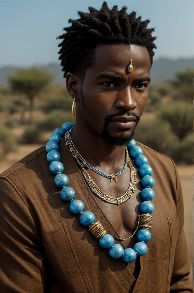 Create the image of an African  with a blue African necklace, he is the protagonist 
