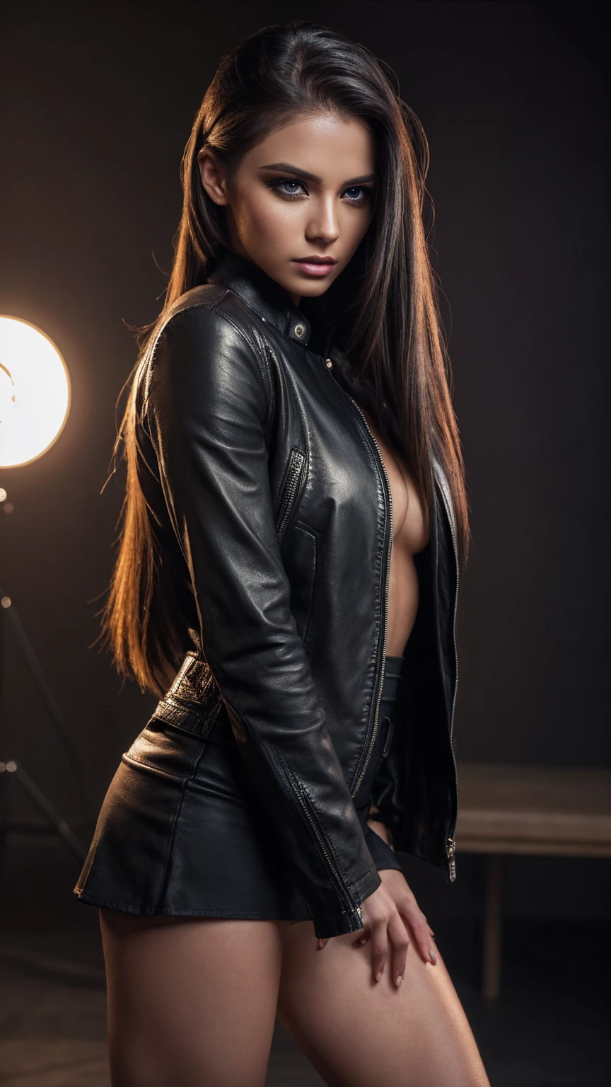 a beautiful woman with long straight hair in a ponytail, wearing a miniskirt, an open leather jacket, and knee-high boots, posing confidently, (best quality, 4k, 8k, highres, masterpiece:1.2), ultra-detailed, (realistic, photorealistic, photo-realistic:1.37), extremely detailed eyes and face, beautiful detailed eyes, beautiful detailed lips, longeyelashes, realistic lighting, dramatic lighting, dramatic colors, moody colors, elegant, fashion, studio lighting