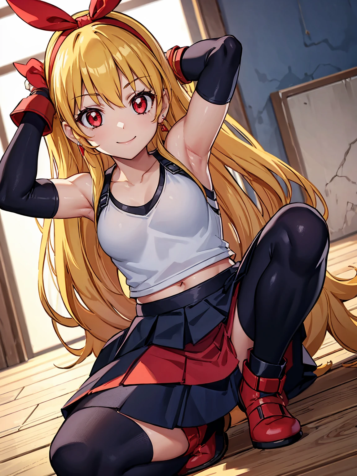 (RED Ribbon on HAIRband:1.2),a young anime character sitting and pointing her finger down towards the camera, 1girl, solo, long hair, Small breasts, cosplay, skirt, tifa lockhart, thighhighs, jewelry, armpits, navel, arms up, crop top, blonde hair, looking at viewer, black skirt, earrings, gloves, smile, underwear, panties, squatting, red eyes, fingerless gloves, midriff