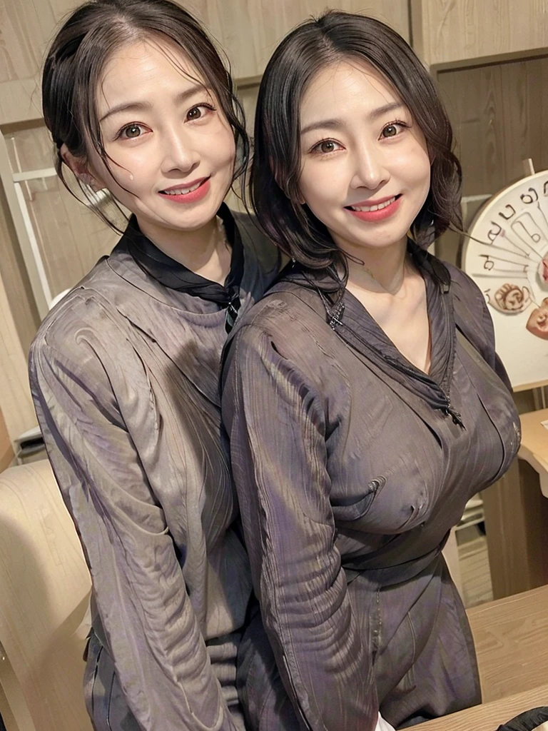 Highest quality、masterpiece、8K、Very detailed、Realistic、(Two Women)、(Looking at me with a smile:1.5)、0 years old:1.5)、(Wrinkles around the eyes:1.5)、(Wrinkles around the mouth:1.5)、whole body、Black Hair、Small face、(Slender:1.2)、(Big Breasts)、(Erect nipples:1.2)、(Waitress Uniform:1.2)