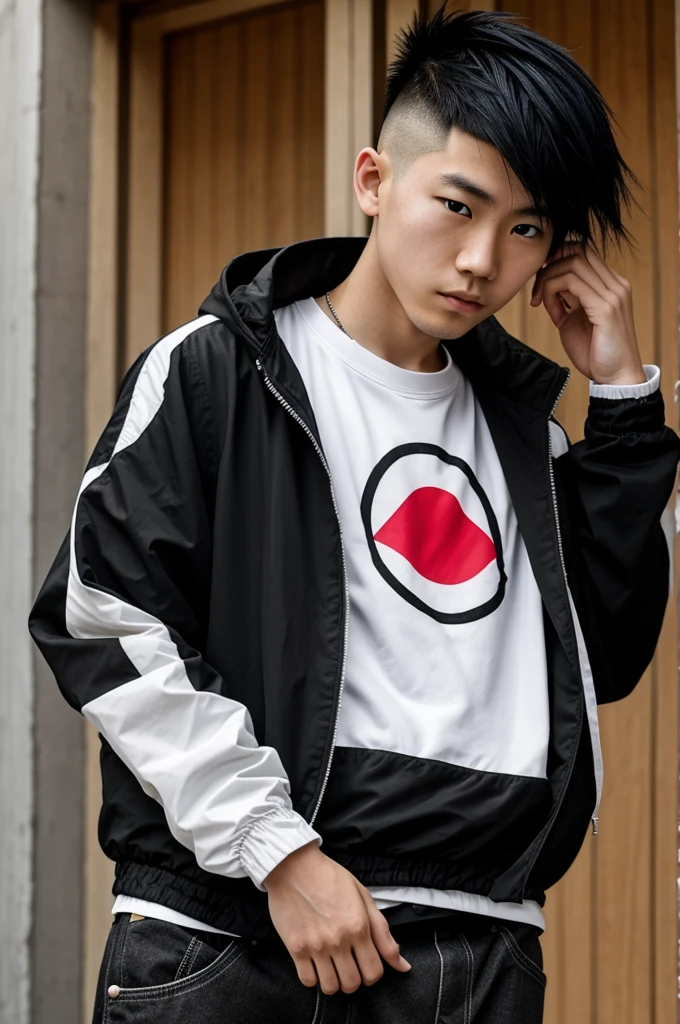 Pale-skinned Japanese boy with long punk-style hair shaved at the sides in black and wearing a windbreaker sweatshirt