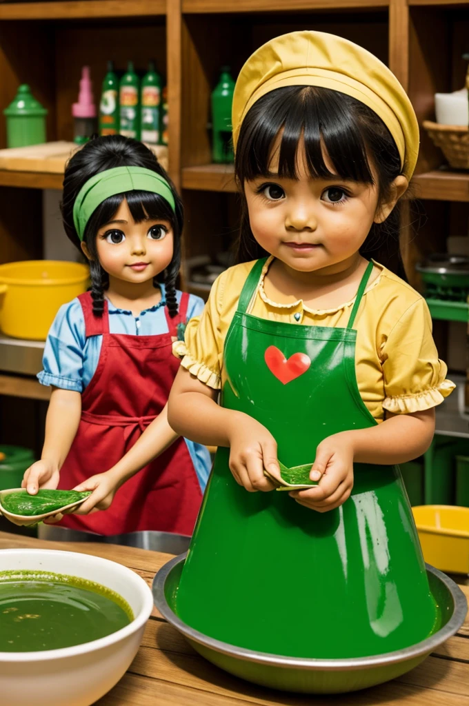 Kawaii cartoon image of a Mexican dolls making green sauces