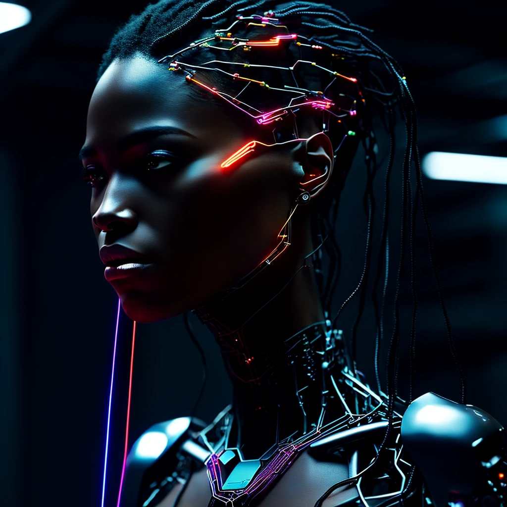 armor, black girl, black woman, a girl with wires on her face and body, indoors, dark room, cyborg, cyberpunk, antipodeans, night, depth of field, from behind, masterpiece, best quality, 4k, 8k, highres, ultra-detailed, photorealistic, photo-realistic, HDR, UHD, studio lighting, ultra-fine painting, sharp focus, physically-based rendering, extreme detail description, professional, vivid colors, bokeh, ((( black woman of stunning beauty))) androind woman, metal head, metal brain, wires, circuits, a black woman of stunning beauty, long black hair with neon lights, half head brain with wires, metal head, head intricately designed androids full of wires and circuits, immersed in her own digital world, upper body, single focus, biopunk style, organic cybernetic attire, bioengineered elements, (biotech aesthetics: 1.4), (genetic enhancements: 1.3), bioengineered features, biopunk aura, [depth of field, ambient lighting, biopunk look foreground, bioenhanced appearance], Biopunk Sci-Fi, genetic engineering, bioenhanced world, (living tech), (genetically modified traits: 1.2), intricate details, enhanced lighting.