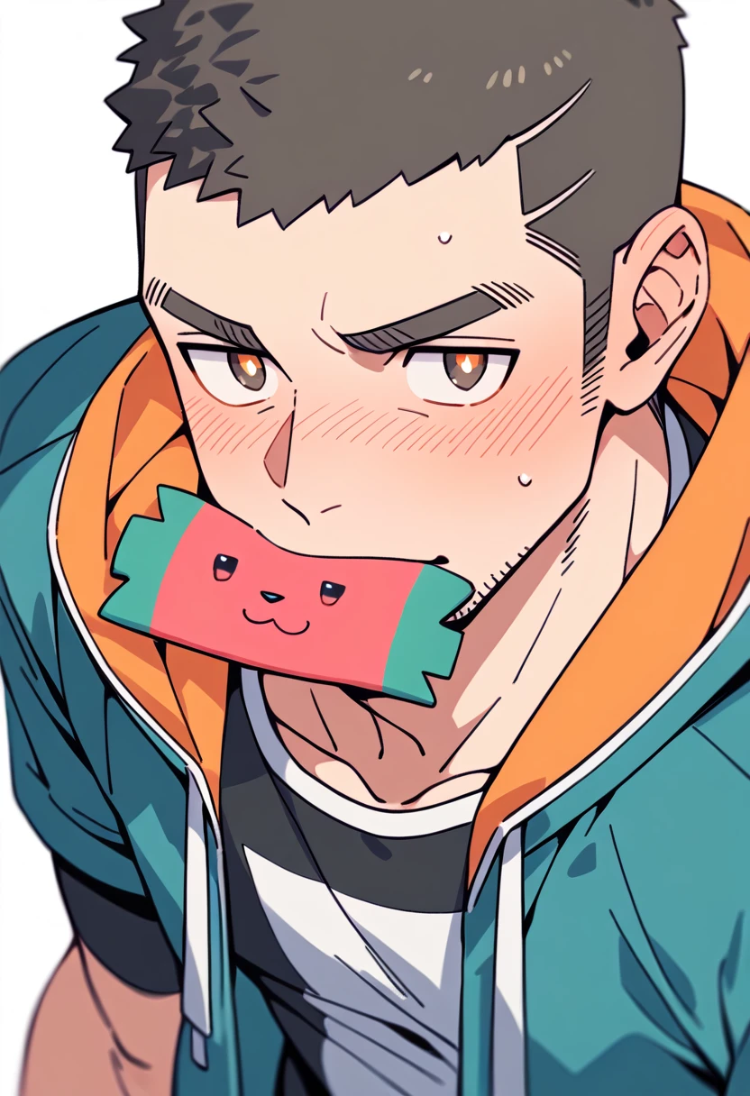 anime characters：Priapus, Muscle Sports Student, Buzz Cut, Manliness, male focus, Sports tight hooded sweatshirt, Very tight, He stuffed a pair of white underwear in his mouth, full and perky chest muscles, muscular male, muscular, only, Upper body, alone, Black short hair, Thick eyebrows, stubble, Brown-red pupils, White background, simple background, amazing quality, best aesthetics, Ridiculous, crew cut, blush, A pair of white panties was stuffed in her mouth, embarrassed, shy, endured face, negative space, best quality