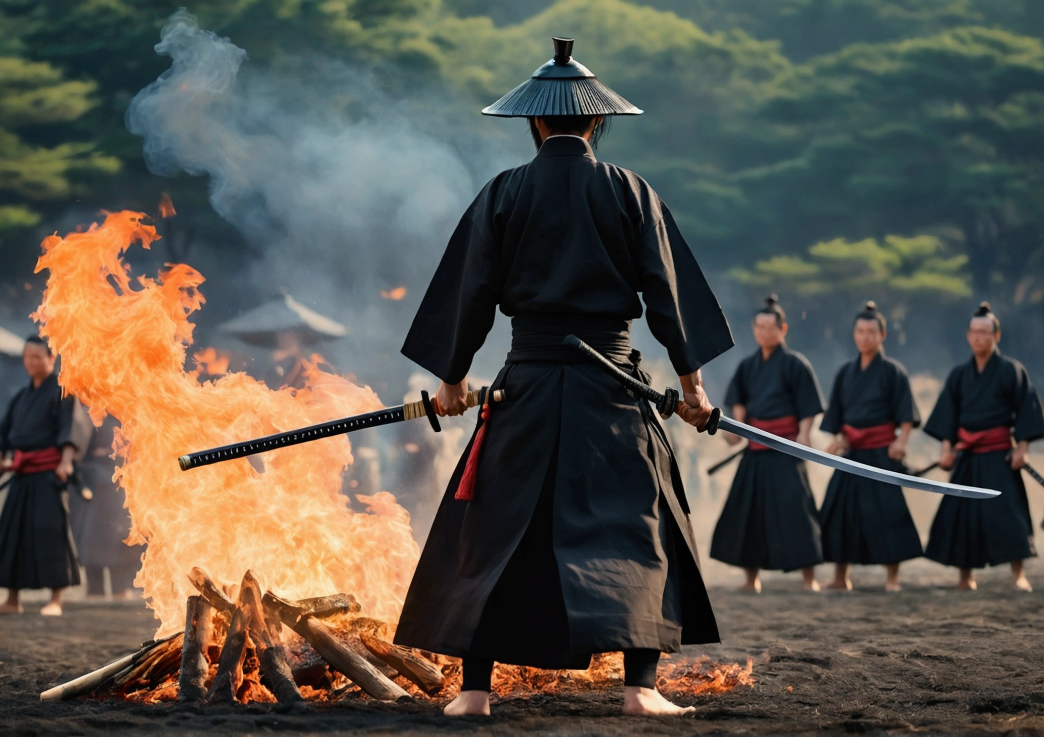 Samurai with a sword,Landscape, Realistic effect of wearing black hakama, The people are watching,Blur the background, 8K, Burning Fire,