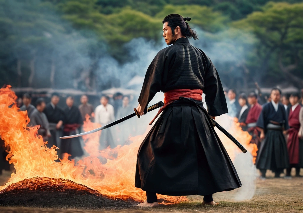 Samurai with a sword,Landscape, Realistic effect of wearing black hakama, The people are watching,Blur the background, 8K, Burning Fire,