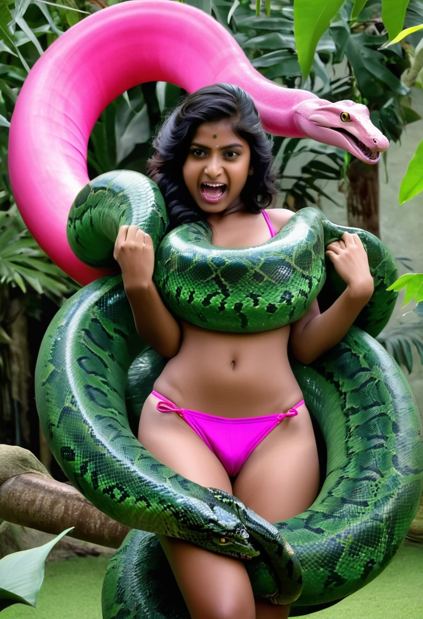  Happy Horny, aroused 1girl), beautiful  Indian   girl wearing pink thong with  giant green colossal Kaa monster squeezing her hard, wrapped in thick spiraling coils, constricted, struggle, gasping for air, snake attack, snake peril,