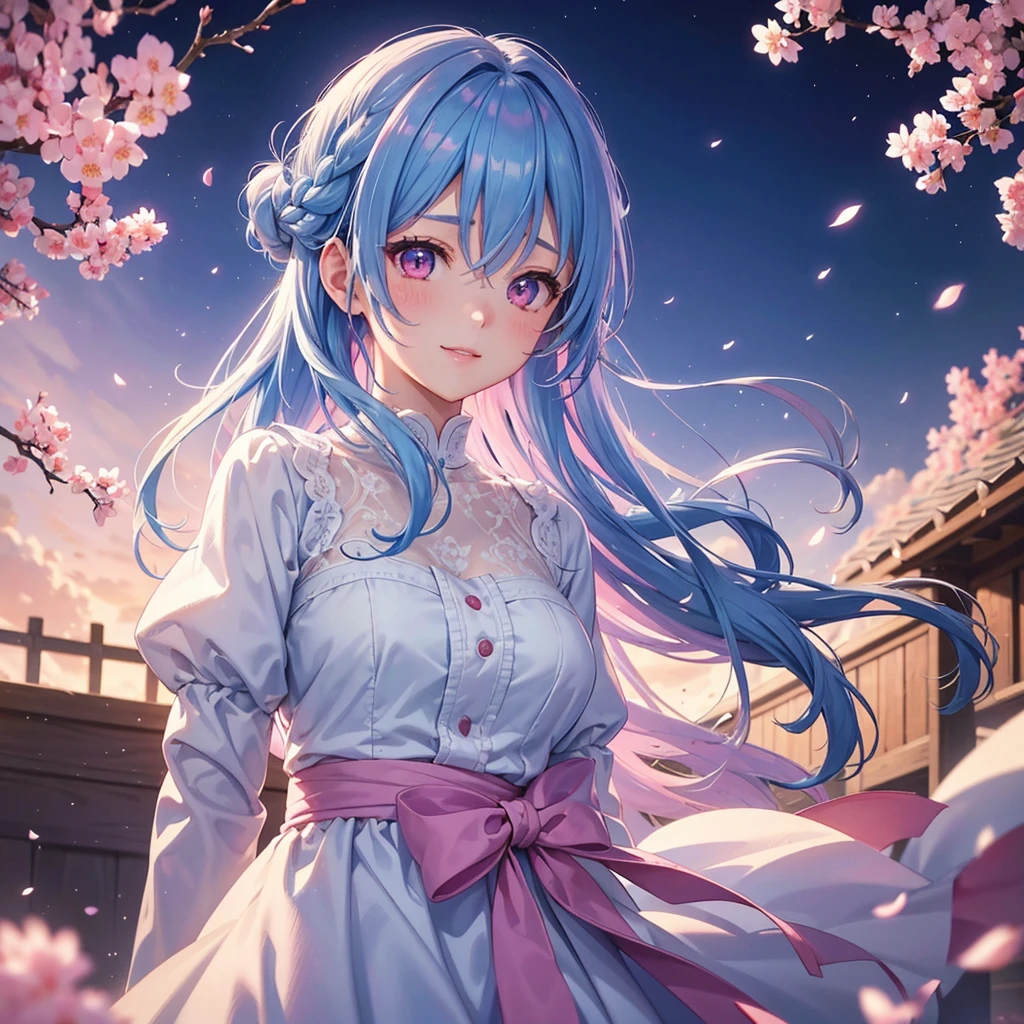 (Sky blue medium hair),(Braided hair tied together)、Pink eyes、Fair skin、(whole body)、(One Girl)、(Recruitment Suit)、Cherry Blossoms at Night、A big smile、、(masterpiece、Highest quality、Very detailed、Best Shadow)、(Detailed Background)、(Beautifully detailed face)、High contrast、(Best lighting、Very delicate and beautiful)、((Cinematic Light))、colorful、Hyper Detail、Dramatic Light、Exquisite detail、