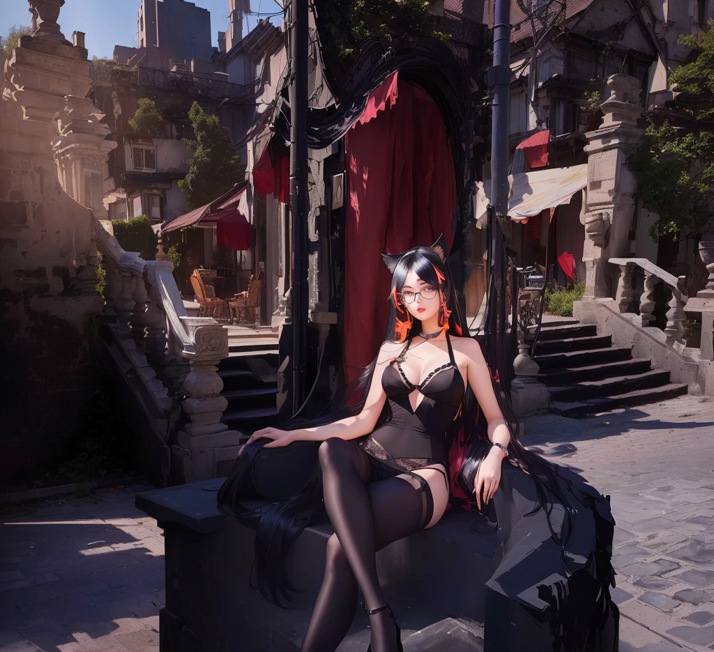 woman with long black hair wearing thin, low-cut sleeveless blouse with short neckline, wearing lingerie, pantyhose, sling strap, with big cat ears, wearing large glasses with round lenses
