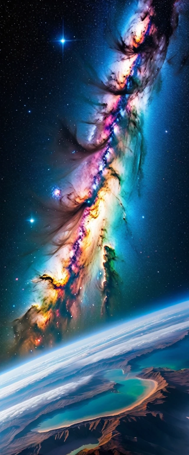 (Highest quality),(masterpiece:1.2),(Very detailed:1.2),Ultra-high resolution,RAW color photos,8K,Vast landscape photography,Realistic photos,Elaborate photos,Shot from the spaceship window,Written boundary depth,Sharp focus,universe space,Milky Way,Vast Universe,Beautiful colors,Written boundary depth,Wide Light,Low contrast,Backlight,Sharp focus,Vibrant colors,moving composition
