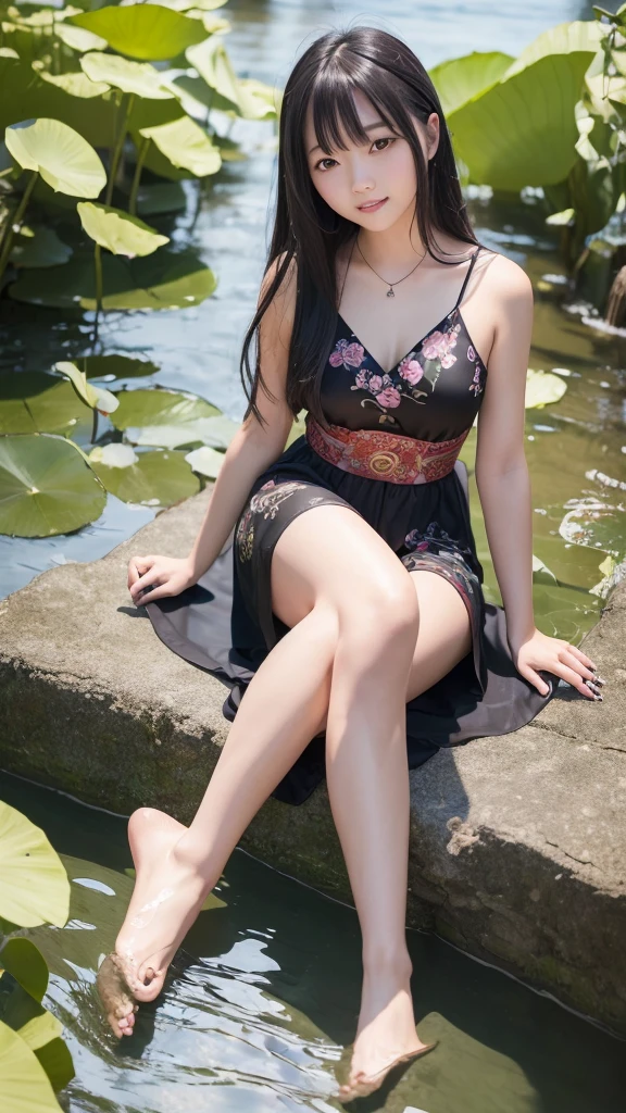 ((4k,masterpiece,best quality)), shuimobysim, traditional chinese ink painting, lotus, dress conservatively
2girl, twins, long black hair, smile, sitting, feet in the water, barefoot,