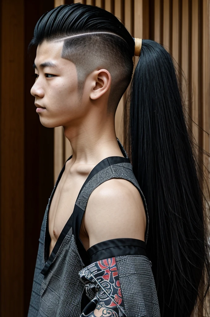Pale-skinned Japanese boy with long black punk-style hair combed back shaved on the sides and dressed in traditional costume