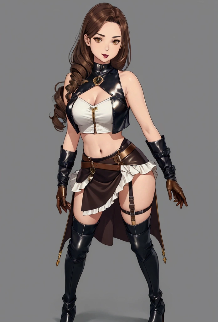 1 masterpiece, high resolution, best quality, 1 girl, solo, medium breasts, golden almond eyes, long brown hair, drill hair, hip bones, collarbone, feet, toes, skirt, school skirt, blouse, school blouse, leather armor, leather breastplate, leather gloves, asymmetrical gloves, leather boots, asymmetrical footwear, high-heeled boots, single shoulder, single shoulder pad, chest harness, crop top, sleeveless turtleneck , tongue, tongue out, legs open, full body, standing, simple background, gray background,