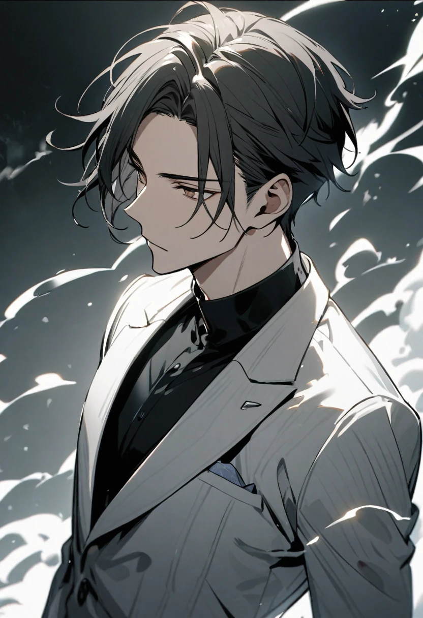 Handsome, solo, 1 male, short hair, black hair with smoke gray hair tips, brown eyes, black shirt, black and white suit