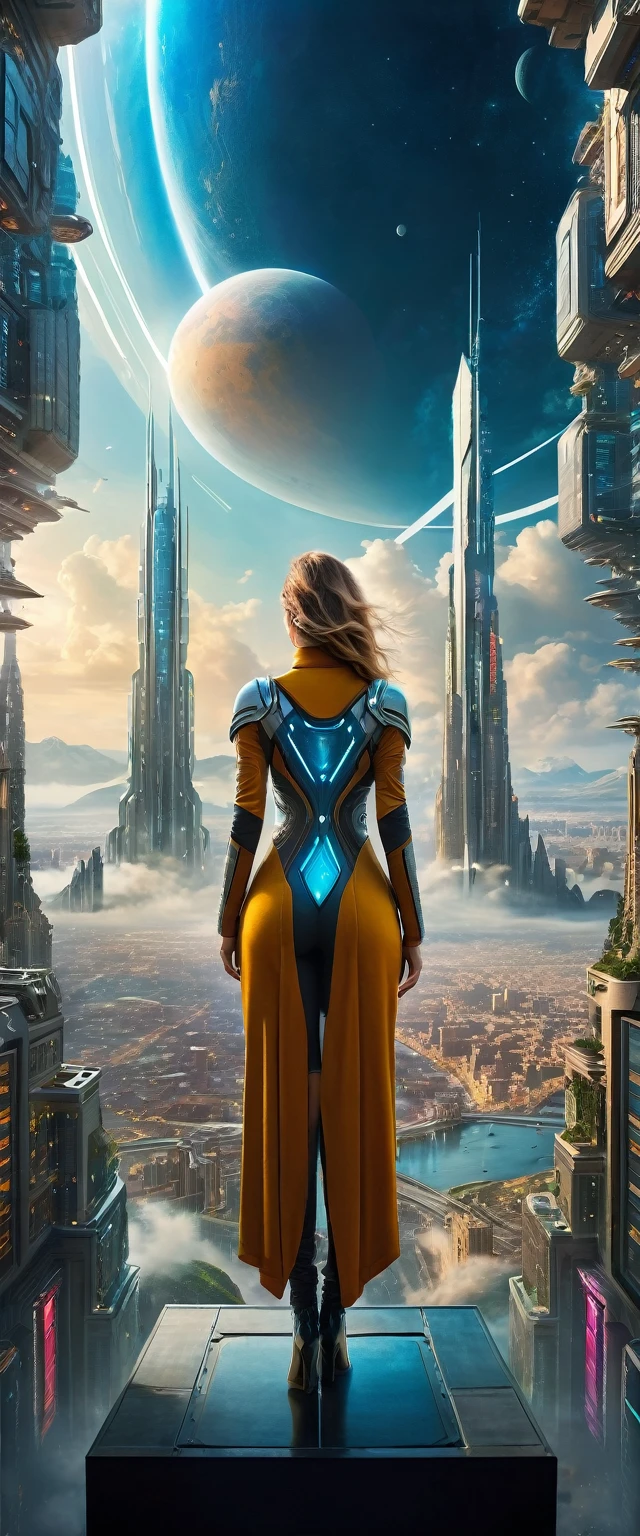 Highest quality,(masterpiece:1.2),Ultra-high resolution,Raw color photography,8K,Vast landscape photography,Realistic photos,Elaborate photos,Woman living in a futuristic city,Futuristic clothing,(From the back:1.5),(From below:1.2,Woman standing in a futuristic city,The vast city spreads out before your eyes,The sky is a vast universe,Dark Sky),Written boundary depth,Wide Light,Low contrast,Backlight,Sharp focus,Vibrant colors,Dynamic configuration
