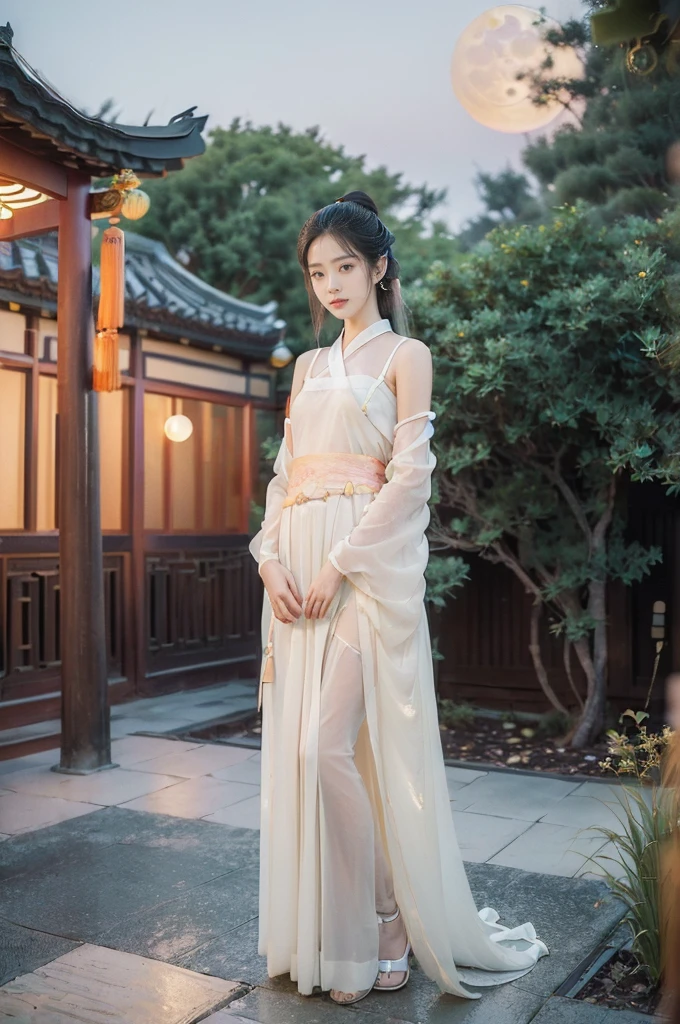 (((best quality))),(((ultra detailed))),(((masterpiece))),illustration,((1 beautiful girl,solo)),(short ponytail:1.2),((bright eyes,gentle smile)),((slim,thin)),((small breasts,flat chest)),(white see through sheer strap Hanfu:1.3),(slender legs:1.2),flowing fabric,serene demeanor,vibrant plants and trees,(Chinese-style architecture:1.3),tile roofs,intricate wooden carvings,rich and vivid colors,(serene glow of the moon:1.5),(((colorful clouds))),traditional Chinese garment,(((summer night,village courtyard))),(standing:1.3),(arms behind back:1.3),((from front,full body))