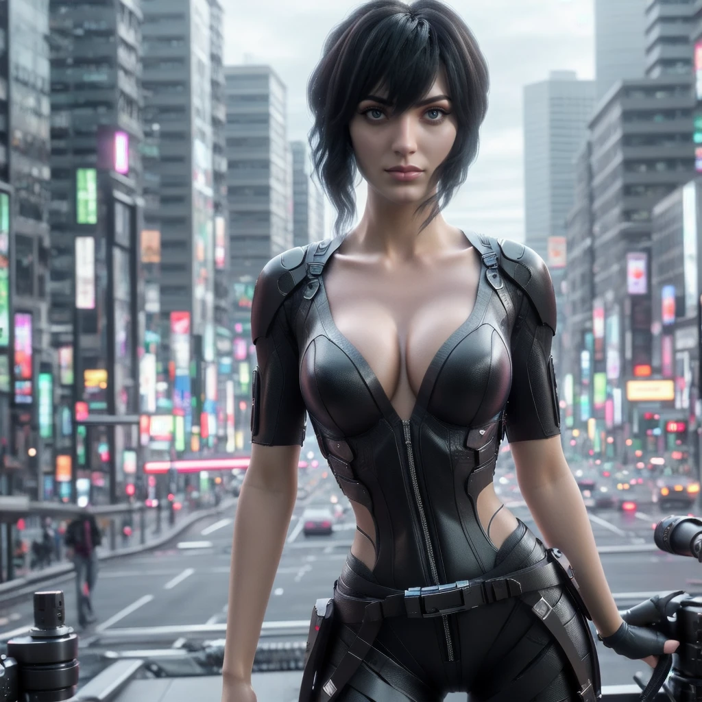 1girl, solo, cowboy shot, full body photo, photorealistic, close up, beautiful detailed face and eyes, realistic skin texture, standing, seductive smile, closed mouth, expressionless, looking at viewer, large breasts, thin waist, medium hips, abs, toned, motoko kusanagi, particles, epic background, dynamic pose, vibrant colors, 4k resolution, depth of field