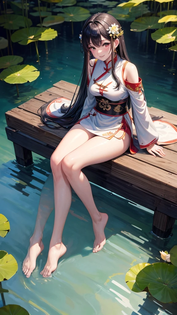 ((4k,masterpiece,best quality)), shuimobysim, traditional chinese ink painting, lotus, dress conservatively
2girl, twins, long black hair, smile, sitting, feet in the water, barefoot,