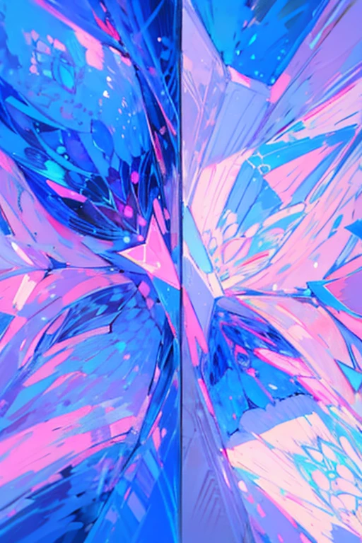 "A symmetrical kaleidoscope pattern in pastel pink and blue, intricate design with mirrored elements."
