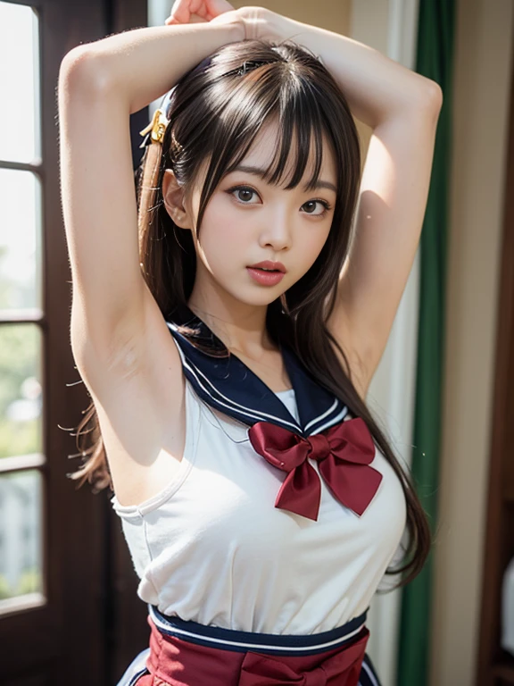 (masutepiece, Best Quality:1.2), 8K, Official art, Raw photo, unbelievable Ridiculous, (Upper body, Sailor Uniform, serafuku:1.4), Beautiful Girl, Idol face, arching back down, pleatedskirt, , Short sleeve, gardenia, violaceaess, Teen, crass room, Looking at Viewer, No makeup, Film grain, chromatic abberation, Sharp Focus, face lights, Dynamic lighting, Cinematic lighting, Detailed face, Bokeh background, (Dark red bow tie:1.3)、put out the tongue, (((armpit))), NSFW, Big breast