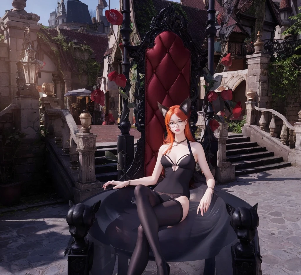 redhead woman with long hair wearing a thin, low-cut sleeveless blouse with a short neckline, wearing lingerie, pantyhose, sling strap, with big cat ears, wearing large glasses with round lenses