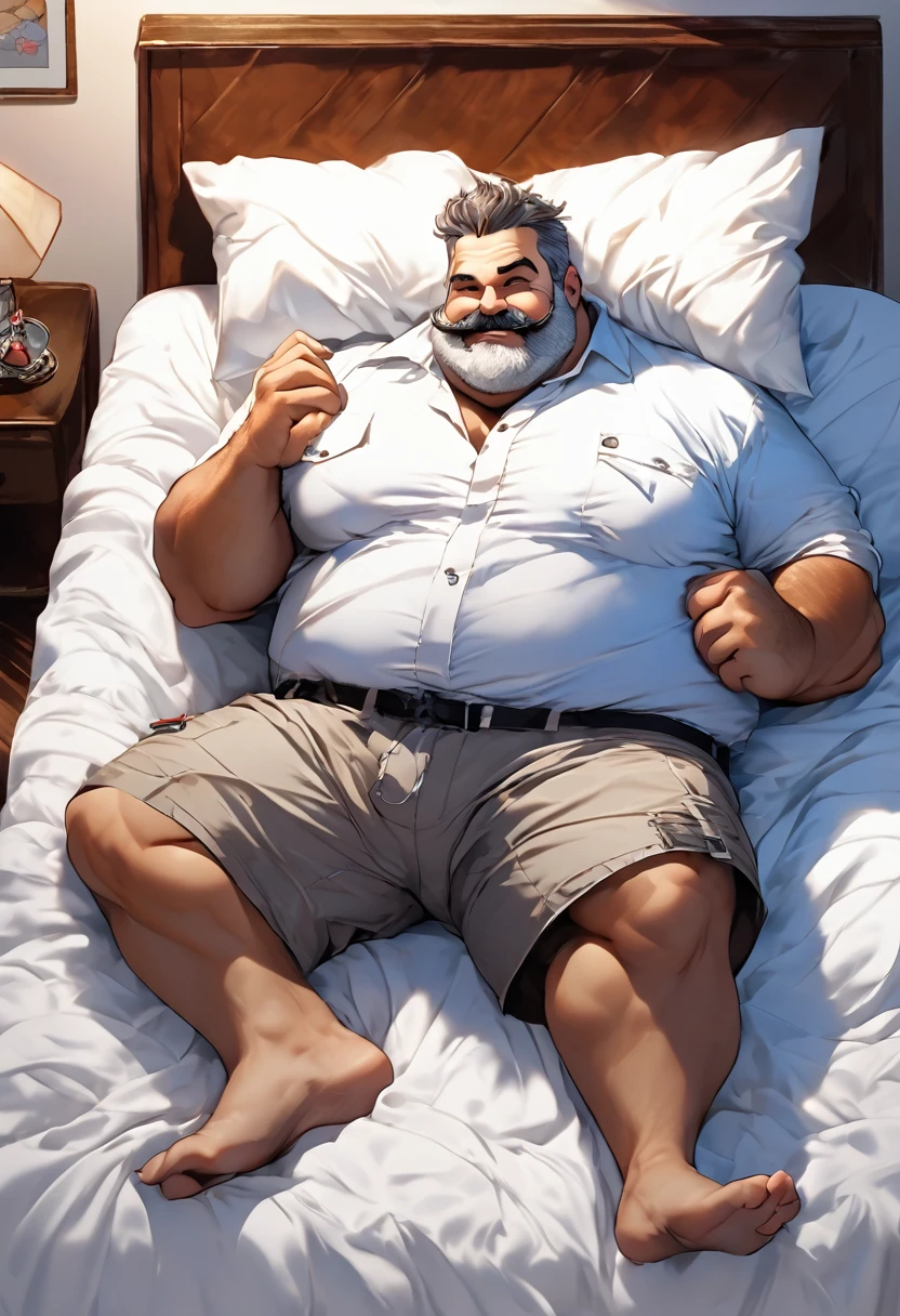very fat, gray beard, gray mustache on the nose, DILF, seductive, looking at the viewer, SMILE, loose boxers with white and blue checks , White shirt, shirt with harness, (posing) masculine, Alone, Anthro, gordo, Large size, Thick, cell shading, in bed lying down, whole body, From above, con la mano izquierda agarrando un preservativo masculine, with right hand touching the package