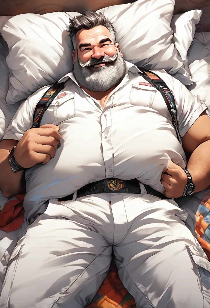 very fat, gray beard, gray mustache on the nose, DILF, seductive, looking at the viewer, SMILE, loose boxers with white and blue checks , White shirt, shirt with harness, (posing) masculine, Alone, Anthro, gordo, Large size, Thick, cell shading, in bed lying down, whole body, From above, con la mano izquierda agarrando un preservativo masculine, with right hand touching the package