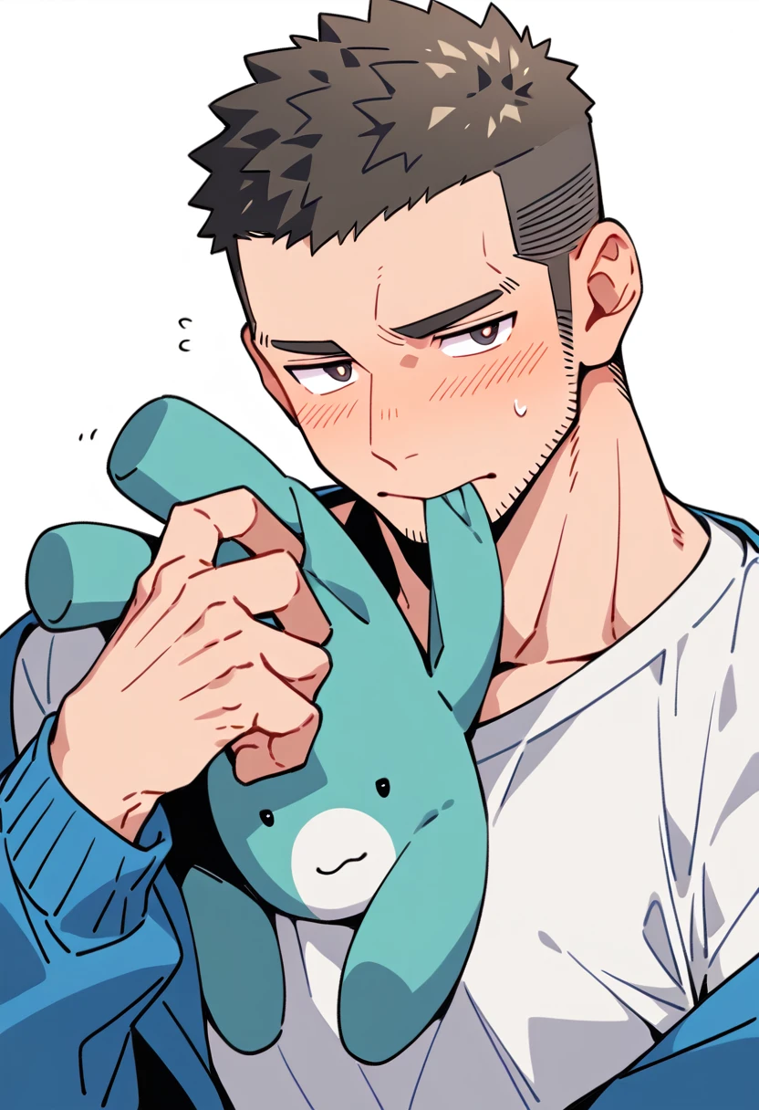 anime characters:Priapus, Muscle Sports Student, Buzz Cut, Manliness, male focus, Sports tight hooded sweatshirt, Very tight, He stuffed a pair of white underwear in his mouth, full and perky chest muscles, muscular male, muscular, only, Upper body, alone, Black short hair, Thick eyebrows, stubble, Brown-red pupils, White background, simple background, amazing quality, best aesthetics, Ridiculous, crew cut, blush, A pair of white panties was stuffed in her mouth, embarrassed, shy, endured face, negative space, best quality