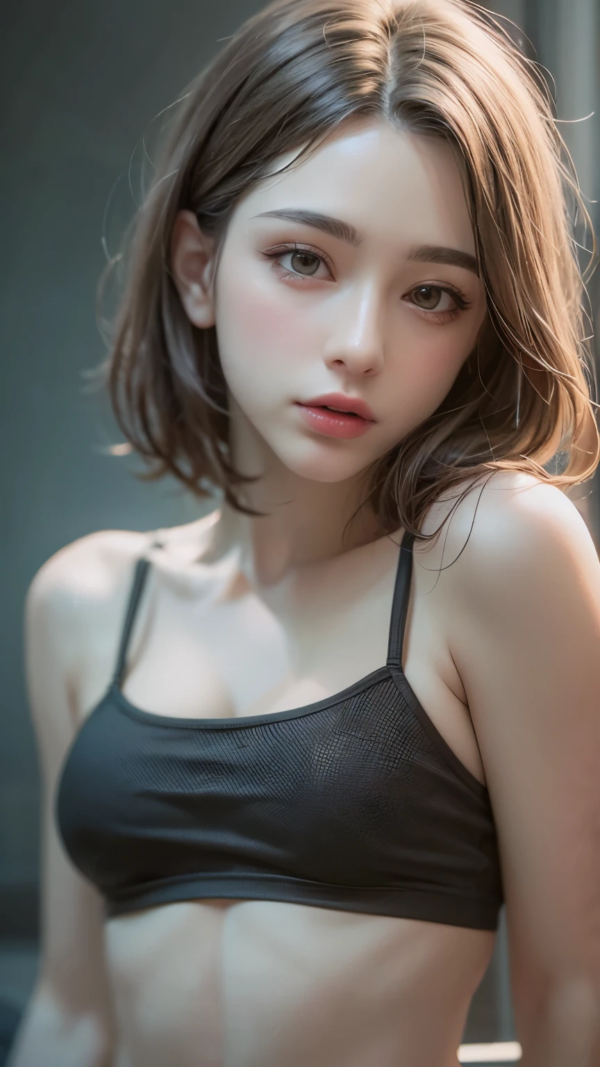 Masterpiece hyperrealist & Photorealistic beautiful girl, Realistic Skin (Pore-filled skin) Short Bob Cut Hair, Realistic red lips,Punk Girl, (head shot:1.5),Shorts