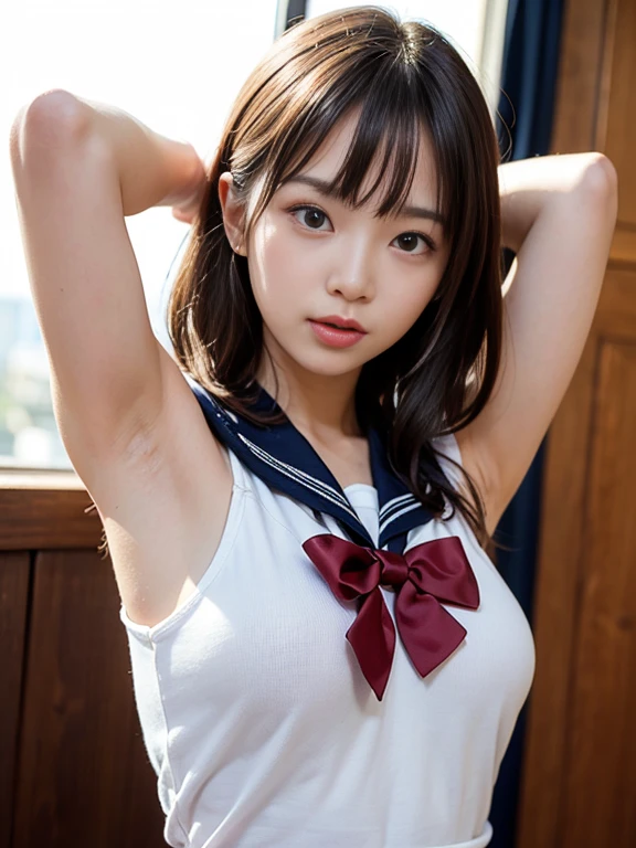 (One Girl), Very cute face, Great face and eyes, (Highly detailed eyes, Highly detailed face), Fresh, Very beautiful appearance, (Ultra-realistic, High resolution), (highest quality:1.4), RAW Photos, (Realistic, Realistic:1.37), Professional photography , (Wet and see-through sailor uniform:1.1)  , Smile a little, (look at me) , Portrait of a Girl  , (gigantic breasts:1.3)   , ((()))   , (short hair:0.9) , (wavy hair:1.3) , (Nipples visible through sailor uniform:1.3) , (Pussy juice:1.3) , (Please tilt your head a little) , Perfect nipples , ((Nipples are light pink )) , ((light pink areola))  , (Put your arms behind your head:1.3) , (The man is licking her nipples:1.4) , (sweating cleavage:1.2) , (sperm on her breasts ) , (small nipples) , ( one hairpin )