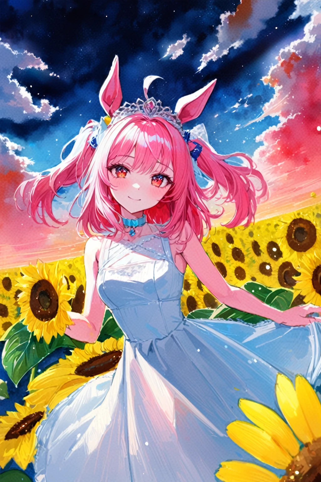 masterpiece, best quality, high quality, ultra detailed, detailed, hyper detailed, insanely detailed, 4K, 8K, highres, super fine Illustration, bokeh, colorful background, bloom, glow, powder lighting,
1girl, solo, pink hair, twintails, horse ears, red eyes, sparkling eyes, looking at viewer, gentle smile, light atmosphere, (light particles),
sunset, golden hour, colorful sunset, beautifull sky,
floating hair, floating clothes, wind, cloud, white maid, white dress, bare shoulders, sunflowers, many sunflowers, palace, Castle, duch angle, lens flare, watercolor,