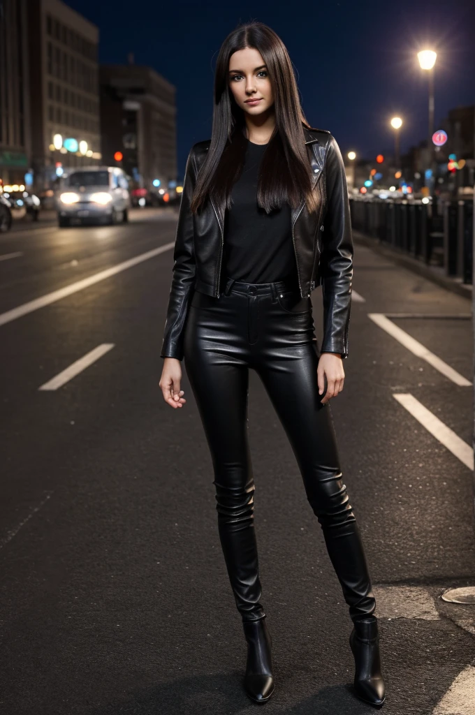 full body Realism, a 26 - year - old girl, Blue Eyes, dark hair, long straight hair beautiful hairstyle, light makeup, dressed in a leather jacket, tight leather pants, beautiful shoes on her feet, night city street in the background, high detail appearance, high detail hairstyle, high detail environment, high detail background, in the background is a modern city, the photo was taken with a photorealistic SLR camera, resolution full hd, 8K