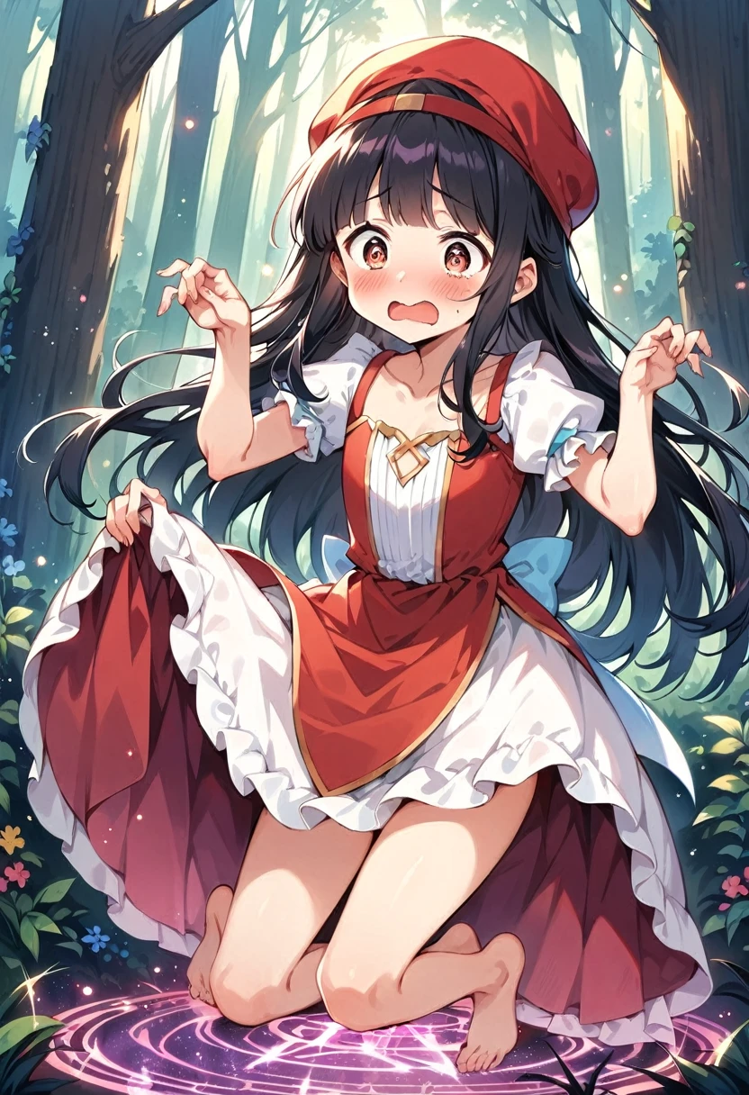 masterpiece, best quality, expressive eyes, perfect face, a man get transformed into a cute ddler princess, solo, surpriced, blushed, black hair, long hair, red baseball cap, brown eyes, full body, bare foot, in a forest, glitter, embarrassed pose, magic circle on the floor. cute dress, dress lift, cute underwear, ecchi, nsfw