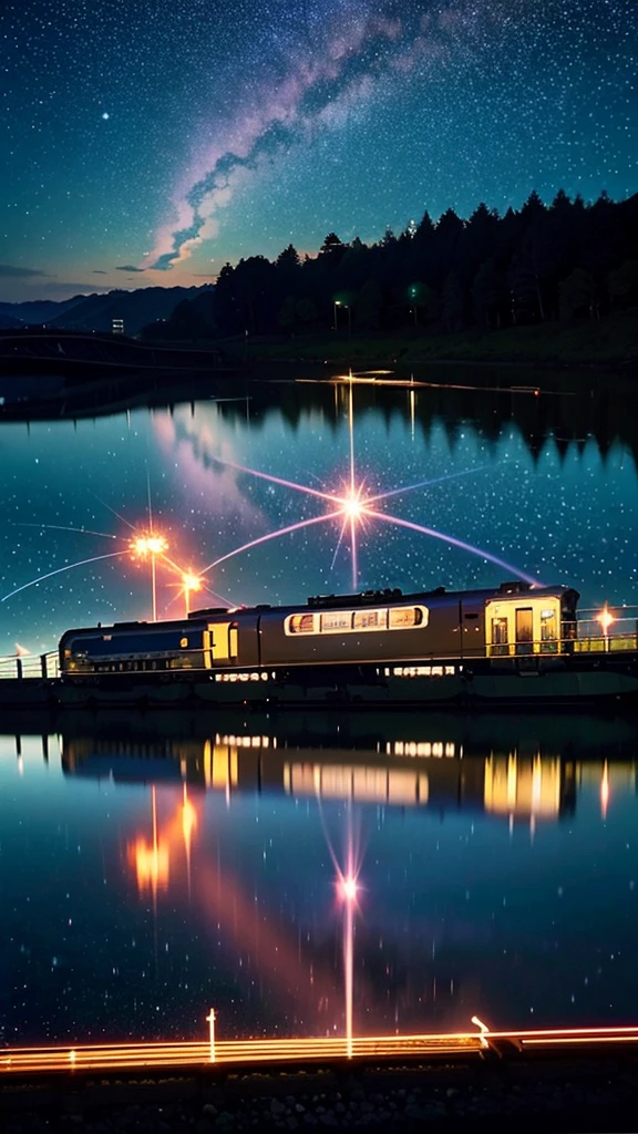masterpiece, Animated train passing through water on the tracks, Bright starry sky. Romantic Train, Photo by Makoto Shinkai, Pixiv, Concept Art, Lofi Art style, reflection. by Makoto Shinkai, Lofi Art, Beautiful anime scene, Anime scenery, Detailed Landscape — Width 672, in Makoto Shinkai's Style, Makoto Shinkai's Style, Enhanced Details.