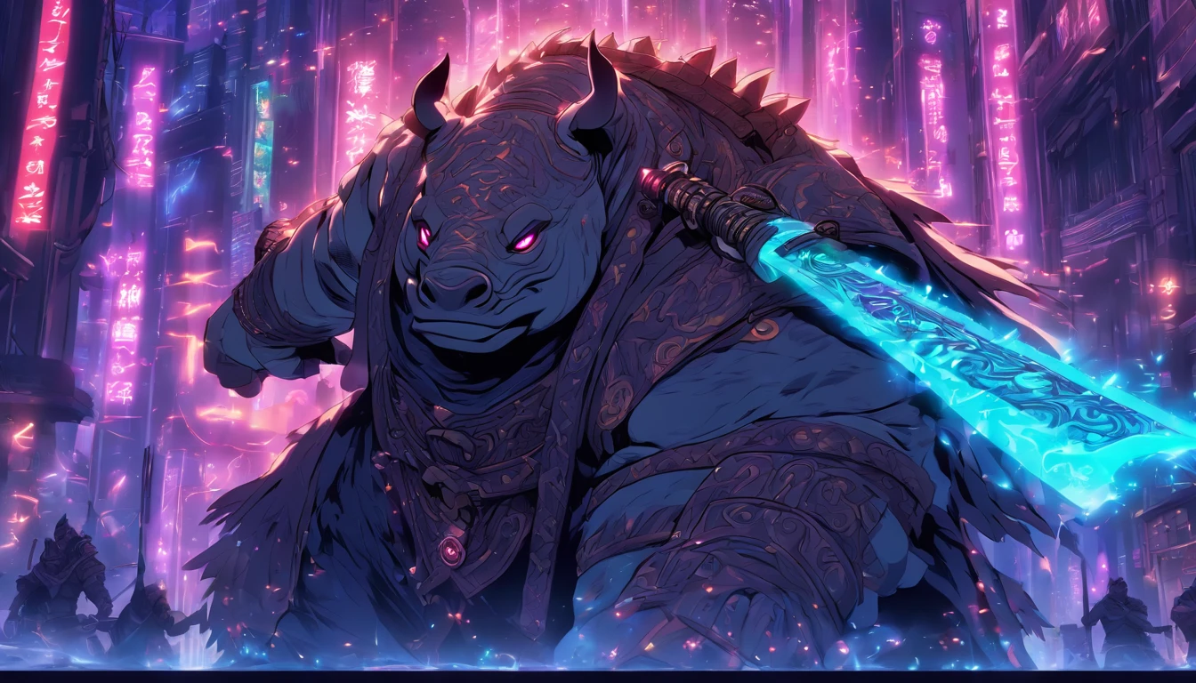 Ancient anime style, artbook, comicbook, RPG, futuristic medieval, steampunk. A rhino ogre samurai warrior with plasma powers, wearing technological medieval magic armor with glowing magic markings, dynamic pose, full body, human face with glowing magic tribal tattoos with silver tones, ogre features, rhino horn with glowing magic markings , rhino tail, magic black metal skin with glowing carved markings, glowing eyes, using a technological rhino horn magic longsword with glowing magic circuits. In a metropolis of a magical kingdom with advanced technology, with tall buildings with neon details, mixing technology with magical vegetation, steampunk. Wide scenery, cinematic scene with several layers of depth, dynamics, magical lighting.