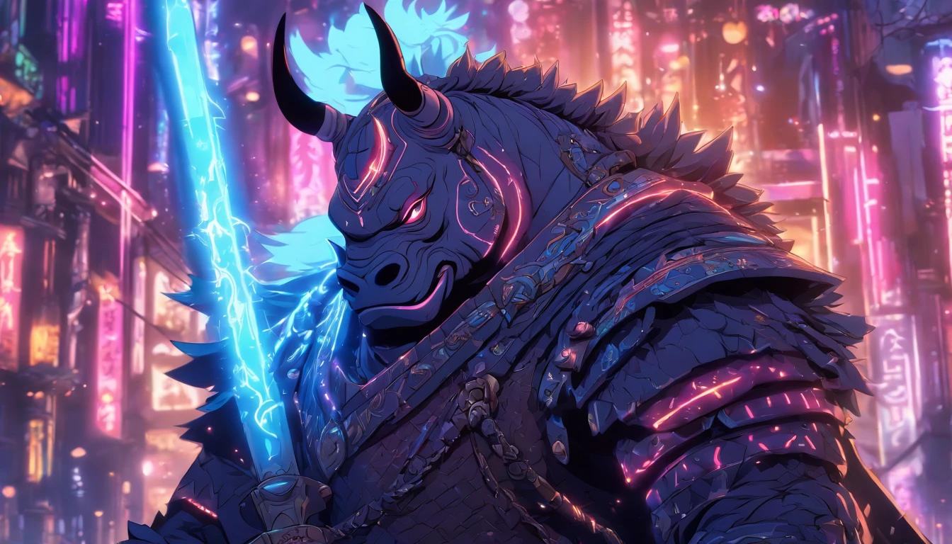 Ancient anime style, artbook, comicbook, RPG, futuristic medieval, steampunk. A rhino ogre samurai warrior with plasma powers, wearing technological medieval magic armor with glowing magic markings, dynamic pose, full body, human face with glowing magic tribal tattoos with silver tones, ogre features, rhino horn with glowing magic markings , rhino tail, magic black metal skin with glowing carved markings, glowing eyes, using a technological rhino horn magic longsword with glowing magic circuits. In a metropolis of a magical kingdom with advanced technology, with tall buildings with neon details, mixing technology with magical vegetation, steampunk. Wide scenery, cinematic scene with several layers of depth, dynamics, magical lighting.