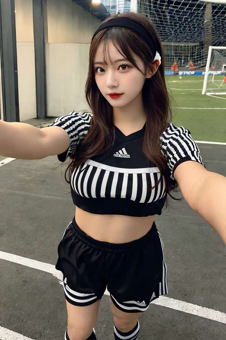 1 beautiful girl , masterpiece, high quality, best quality, extremely detailed,(((wearing black and white stripe soccer wear))) , long skirt, highly detailed, photorealistic, (selfie:1.5), hairband ,((Ample Breasts)), Diminutive Height