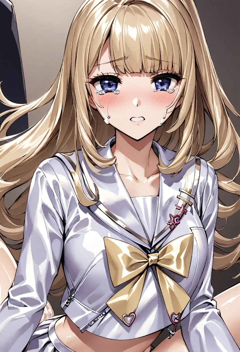 A -yeld su beautiful blonde Japanese lady wearing a super shiny long-sleeved sailor uniform with lots of zippers.　A pussy covered in white slime and pubic hair is forced open　She was raped by the doctor and had sex in the missionary position while crying