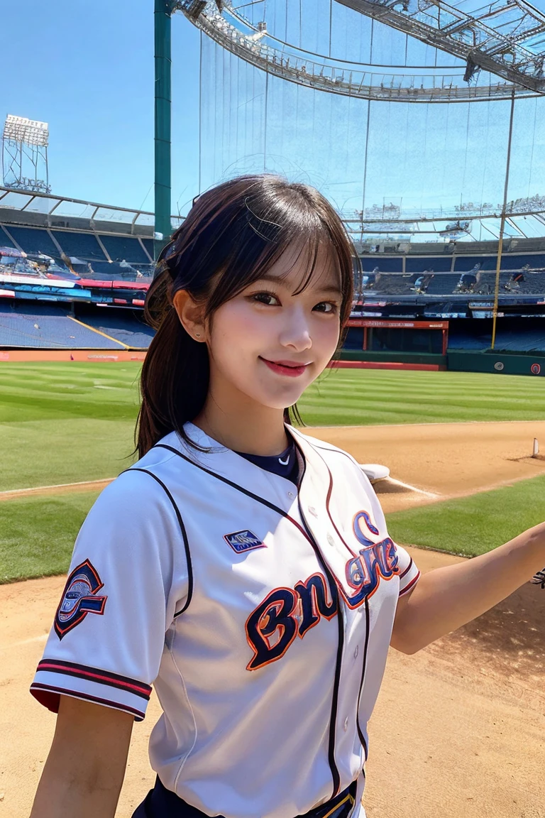 A girl wearing a baseball uniform playing catch, highly detailed, photorealistic, (selfie:1.5),stadium in the background, vibrant colors,((Ample Breasts)), Diminutive Height, shy-smile