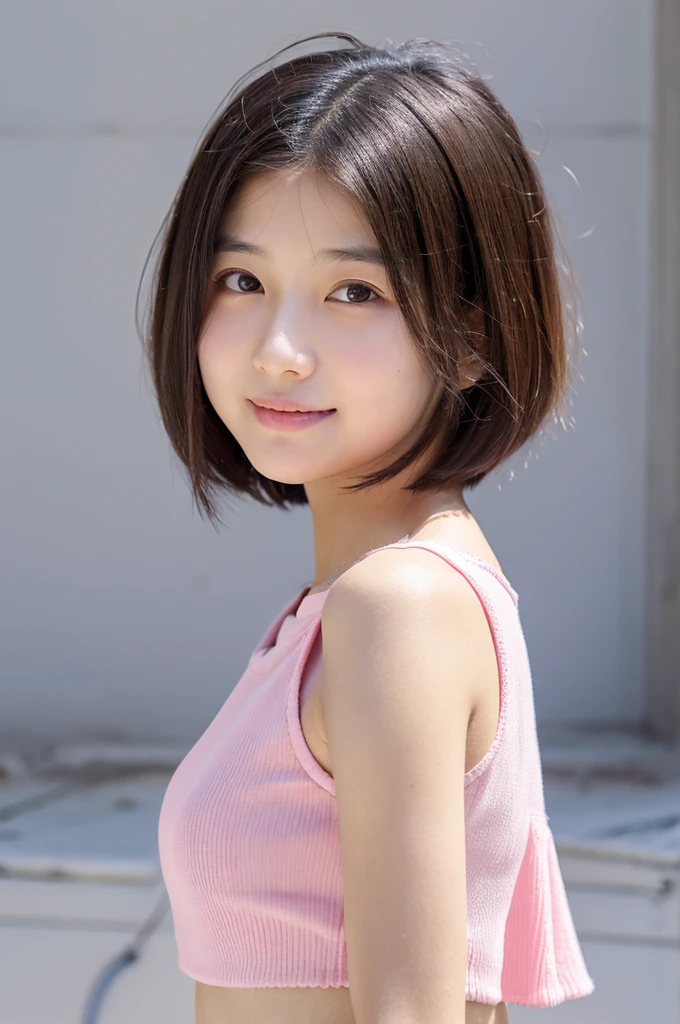 15 years old girl with short hair, adolable, Pink top.