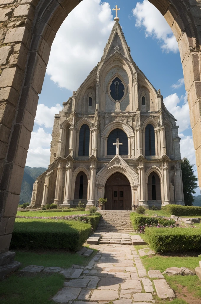 ((best quality)), ((masterpiece)), (detailed), perfect face Create an outside image of a gospel church built over a rock and appears the hole church and the landscape.