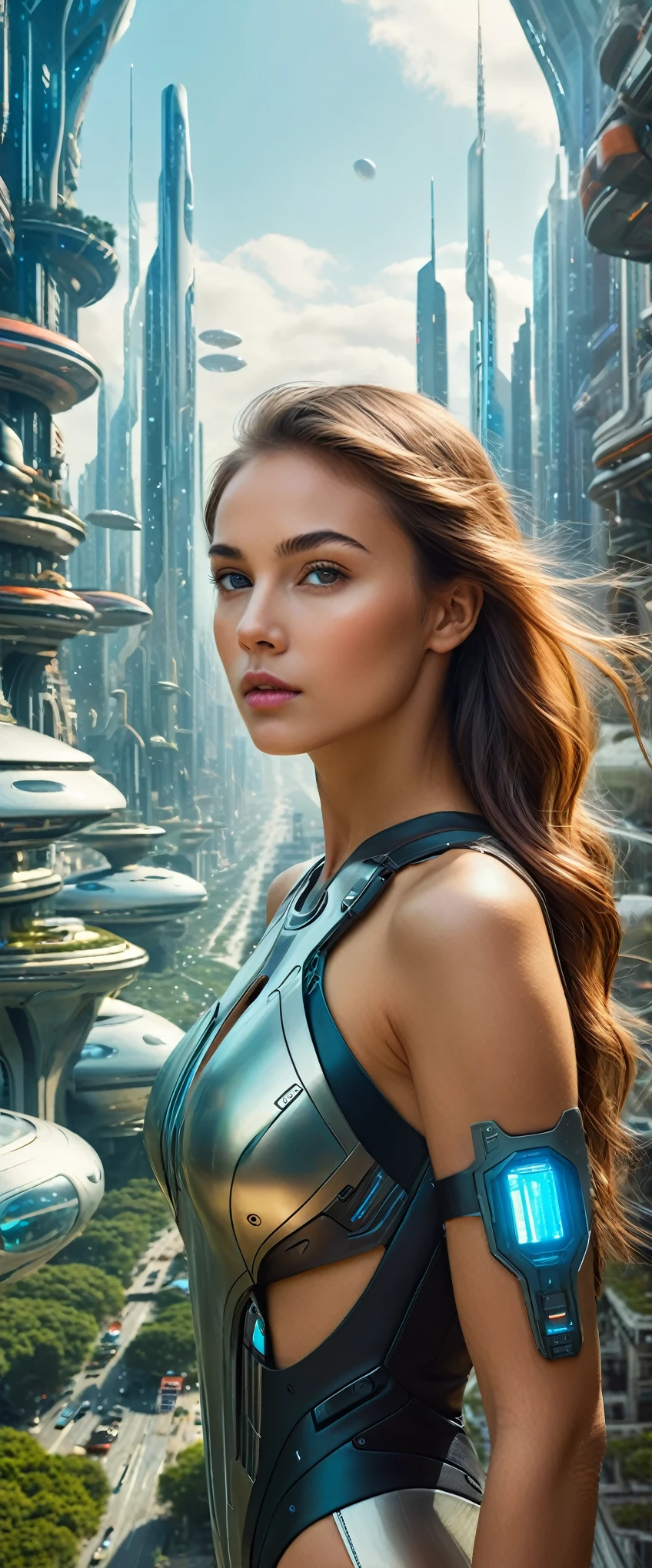 Highest quality,(masterpiece:1.2),Ultra-high resolution,Raw color photography,8K,Vast landscape photography,Realistic photos,Elaborate photos,Woman living in a futuristic city,She&#39;s a space bounty hunter,(From the back:1.5),(From below:1.2,Woman standing in a futuristic city,Cyberpunk City,The vast city spreads out before your eyes,The sky is a vast universe,Dark Sky),Written boundary depth,Wide Light,Low contrast,Backlight,Sharp focus,Vibrant colors,Dynamic configuration