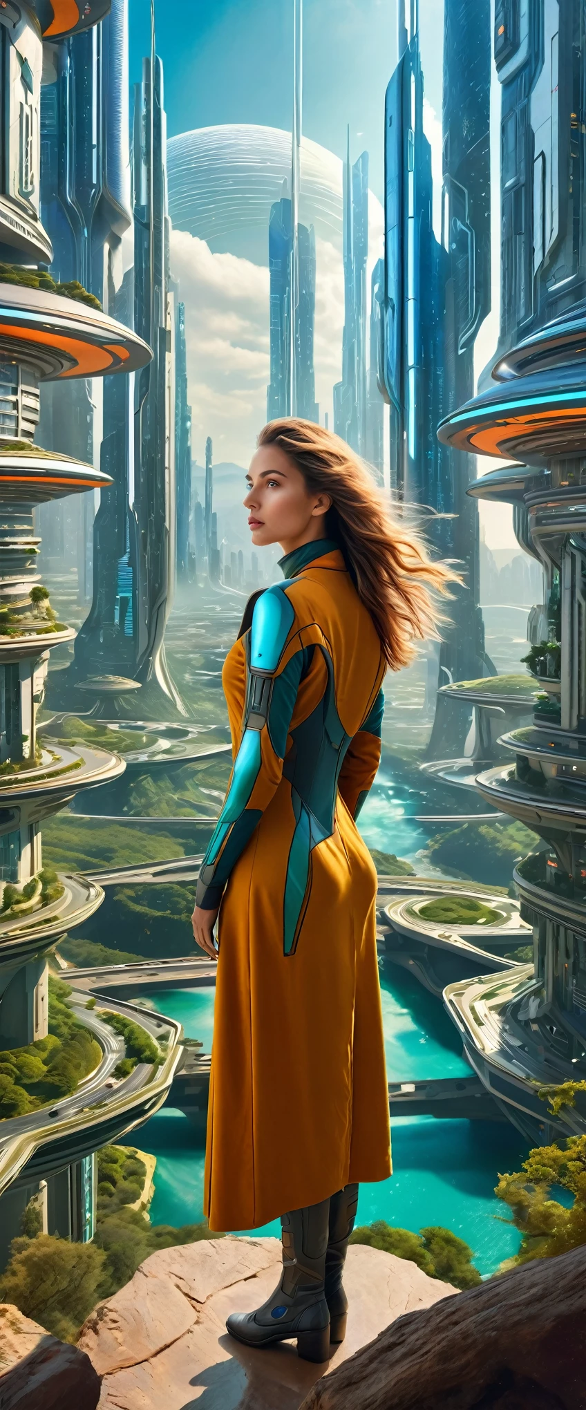 Highest quality,(masterpiece:1.2),Ultra-high resolution,Raw color photography,8K,Vast landscape photography,Realistic photos,Elaborate photos,Woman living in a futuristic city,She's a space bounty hunter,(From the back:1.5),(From below:1.2,Woman standing in a futuristic city,Cyberpunk City,The vast city spreads out before your eyes,The sky is a vast universe,Dark Sky),Written boundary depth,Wide Light,Low contrast,Backlight,Sharp focus,Vibrant colors,Dynamic configuration