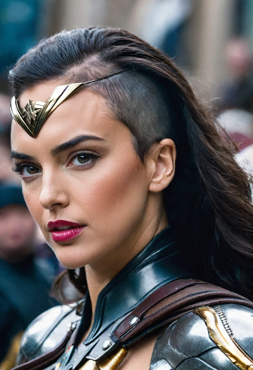 (((In extreme close-up, a cyber punk woman Irina Shayk under the mantle of the Amazon warrior (((a part of his head shaved))) Wonder Woman Diaema Cyber Punk front images color images Splash Wonder Woman Diaema Wonder Woman Cyber Punk))),(((a part of his head shaved))),(((Diaema Wonder Woman))),(((shaved))),(((black hair))),(((Diaema Led Wonder Woman))),(((Diaema Led Wonder Woman))),(((shaved))),(((tiara))), Diaema Wonder Woman))),(((tiara))),(((Front images))),(((Images only from the front))),(((head on))),(((shaved))),(((Cabeza shaved))),(((shaved)))